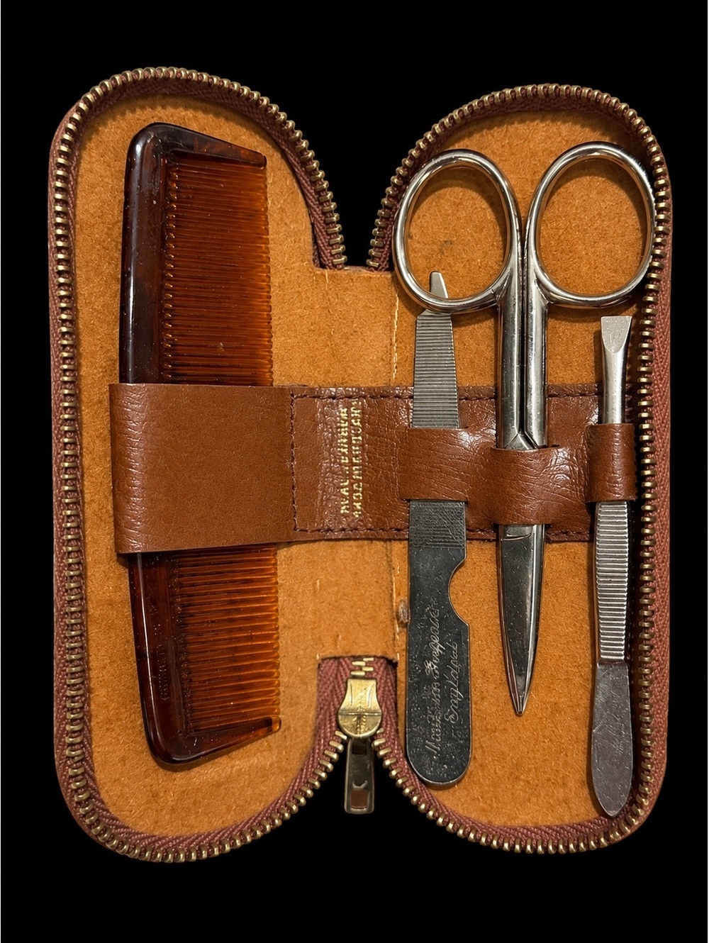 Vintage English Leather Manicure Set Sheffield England Grooming Kit Travel Case